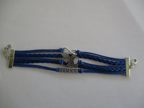 Blue Leatherette Cord Silver Butterfly Love Bracelet (B627)