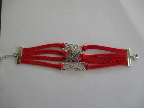 Red Leather Silver Butterfly Love Pendant Bracelet (B630)