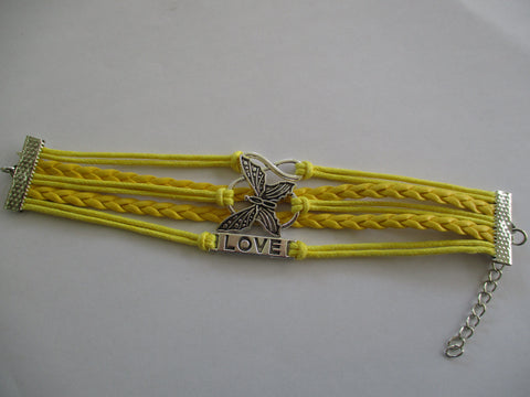 Yellow Leatherette Cord Silver Butterfly Love Pendants Bracelet (B633)