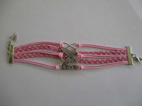 Pink Leatherette Cord Silver Butterfly Love Pendants Bracelet (B634)