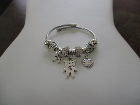 Silver, White Pandora Beads Memory Wire Bracelet with Heart, Bear, Bow Charms (B640)