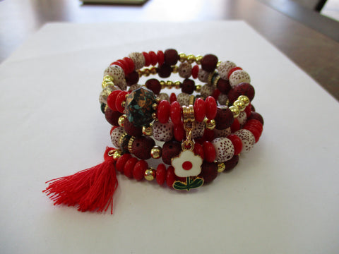 Red, White, Burgundy Beads Memory Wire Flower, Tassel Charms Bracelet (B646)