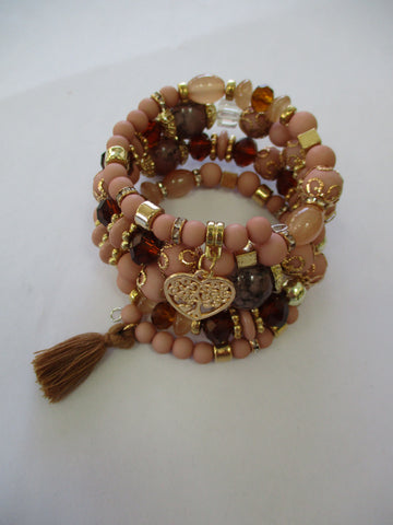 Multi Color Brown Beads, Gold Beads, Heart Tree, Tassel Charms Memory Wire Bracelet (B650)