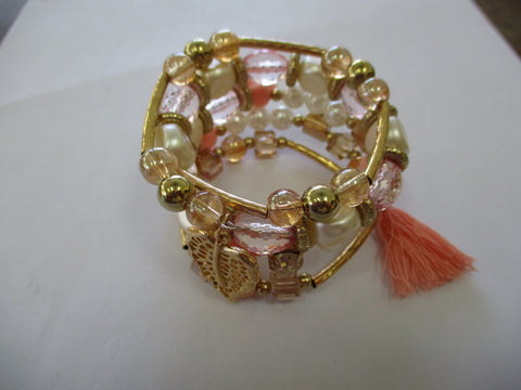 Gold, Pink, White Beads, Gold Spacer Tubes, Peach Tassel, Gold Leaf Charm Memory Wire Bracelet (B656)