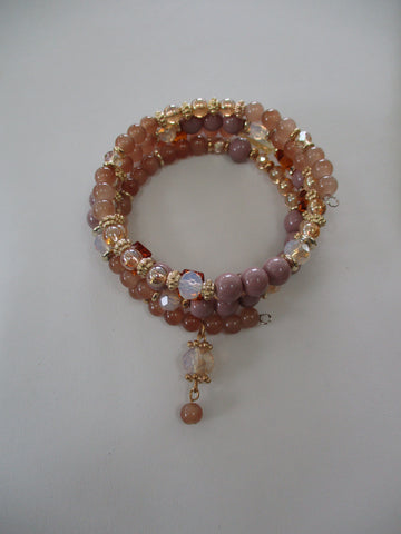 Brown Glass Beads Gold Beads Dangle Bead Charm Memory Wire Bracelet (B663)