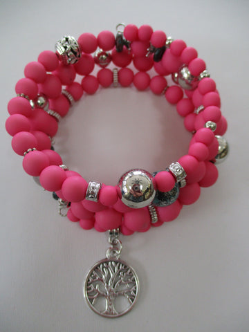 Pink Beads Silver Beads SilverTree Charm Memory Wire Bracelet (B666)