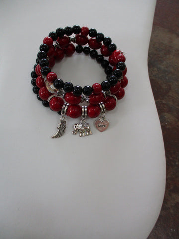 Black, Red Glass Beads Silver Wing, Heart, Elephant Charms Memory Wire Bracelet (B669)