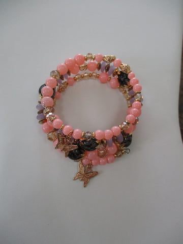 Pink, Black Glass Beads Gold Beads Gold Butterfly Charms Memory Wire Bracelet (B670)