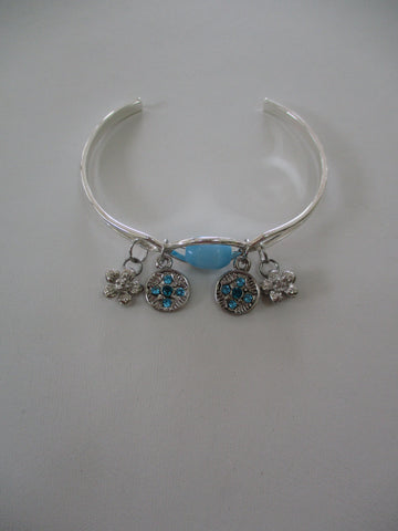 Blue Bead Silver Charms Silver Cuff Bracelet (B674)