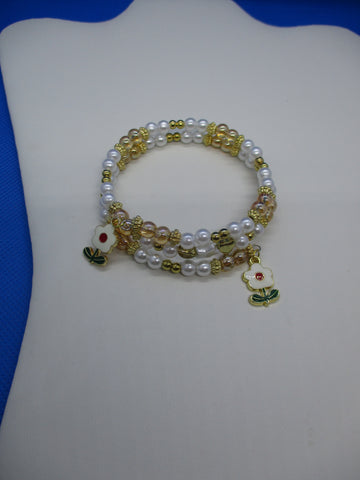White Pearls, Gold Beads, Gold Spacer Beads, Two Flower Charms Memory Wire Bracelet (B675)