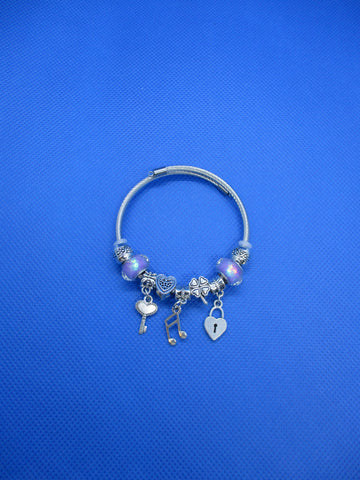Purple, Silver Big Hole Beads, Silver Charms Key, Heart , Note Memory Wire Bracelet (B676)