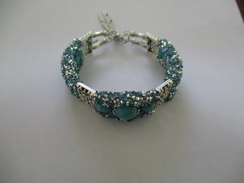 Blue Beads, Silver Spacer Beads, 3 Rows, Memory Wire Bracelet (B695)