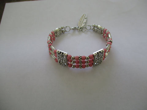 Pink Small Beads, 3 Rows, Silver Beads Memory Wire Bracelet (B696)
