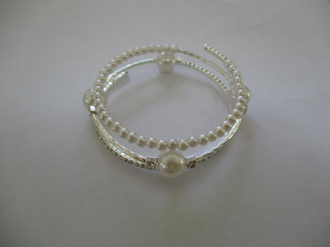 Faux White Pearls Rhinestones Memory Wire Bracelet (B700)