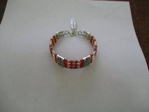 Orange Small Beads, Silver Spacer Beads, Memory Wire Bracelet (B701)