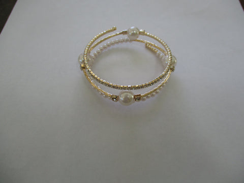 Gold Rhinestones, Pearls, Memory Wire Bracelet (B703)