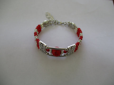 Red Beads, Silver Spacer Beads, Memory Wire Bracelet (B704)