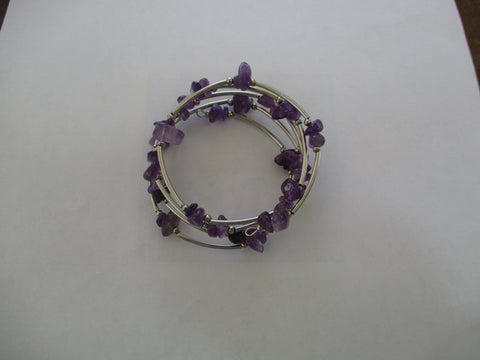 Purple Rock Chips, Silver Tubes, Memory Wire Bracelet (B706)