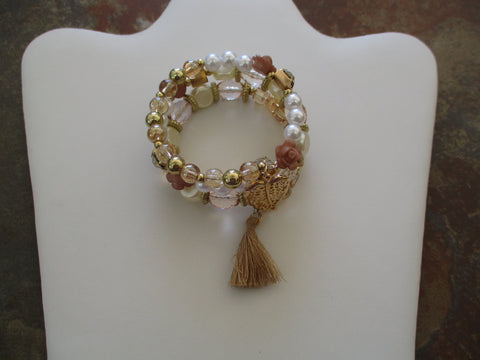 White, Clear, Tan Beads, Flower Beads, Gold Leaf, Tan Tassel Memory Wire Bracelet (B709)