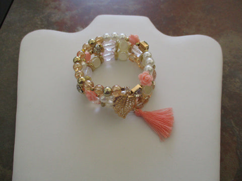 Peach Flowers, Acrylic and Glass Beads, Gold Leaf, Peach Tassel Charms Memory Wire Bracelet (B710)