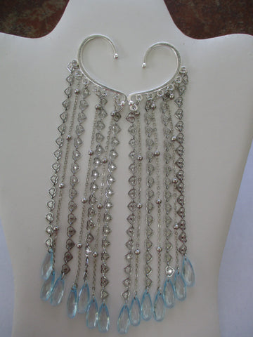 Silver Heart Chain Silver Ball Chain Blue Tear Drop Beads Ear Cuffs (EC100)