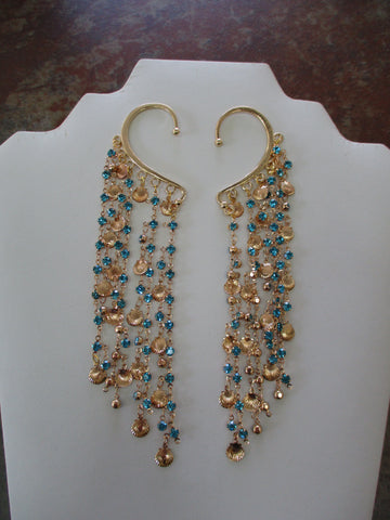 Gold Blue Bling Chain Gold Shells Pair Ear Cuffs (EC104)