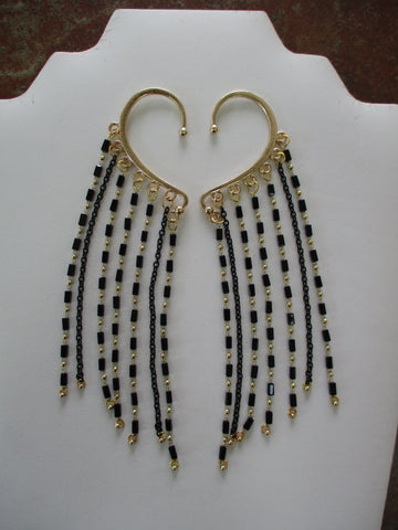 Gold Black Bead Chain, Black Chain, Pair Ear Cuffs (EC108)