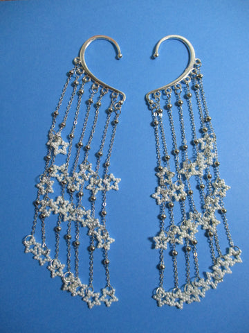 Silver Chain, White Pearl Stars Pair Ear Cuffs (EC109)