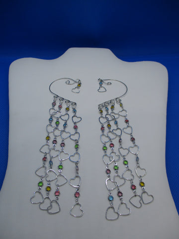 Silver Heart Chain Multi Color Beads Pair Ear Cuffs (EC113)
