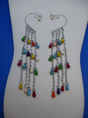 Silver Chain, Multi Color Turquoise Tear Drop Beads Pair Ear Cuffs (EC116)