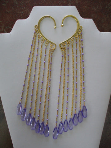 Gold Chain, Gold Purple Chain. Purple Acrylic Flowers Pair Ear Cuffs (EC118)