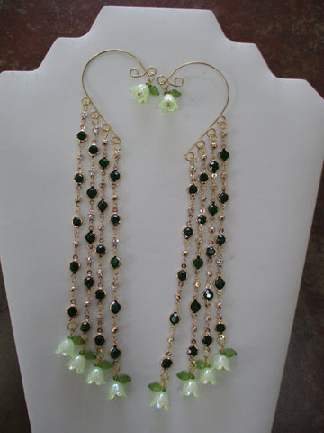 Gold Green Faux Diamond Chain, Acrylic Green Flower Charms Pair Ear Cuffs (EC120)