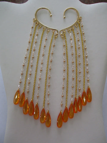 Gold Chain, Clear and Gold Bead Chain, Orange Tear Drops Ear Cuffs (EC141)