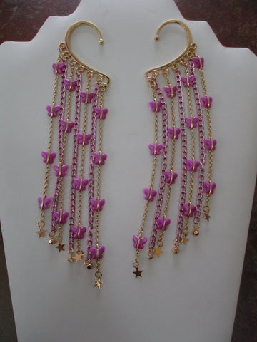Gold Light Purple Butterflys Chain, Gold Stars Faux Diamond Chain Pair Ear Cuffs (EC146)