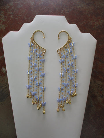 Gold Light Blue Butterfly Chain, Gold Light Blue Square Beads Chain, Gold Heart Charms Pair Ear Cuffs (EC147)