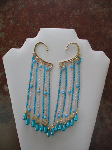 Gold Blue Stars Pearl Chain, Blue Chain Pair Ear Cuffs (EC149)