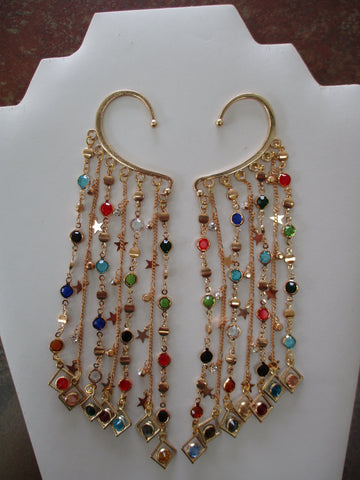 Gold Multi Colored Gems Chain, Gold Stars Faux Diamond Chain Pair Ear Cuffs (EC153)