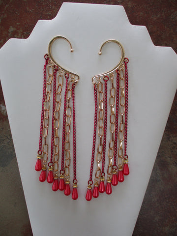 Gold Chain, Red Chain, Red Tear Drop Pearls, Pair Ear Cuffs (EC159)