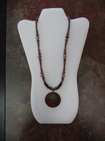 Brown Pearls Glass Beads Brown Wooden Beads Wooden Circle Round Bronze Leaves Pendant Necklace (N1507)