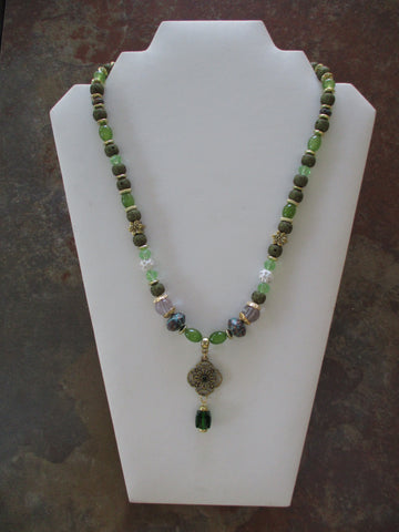 Multi Green, Gold Beads Pendant Bling Necklace (N1515)