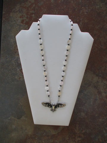 Off White Mother of Pearl Shell Beads. Black, Off White Beads. Owl Pendant Necklace (N1518)