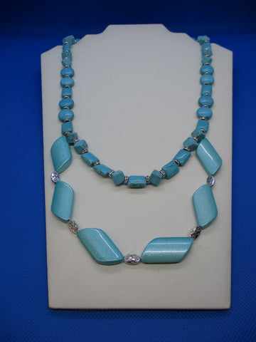 Turquoise Blue Beads, 2 Row, Rondelle Spacer Beads Necklace (N1521)
