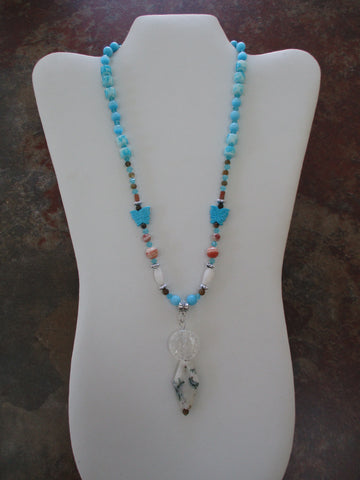 Blue Glass Beads, Blue Butterflies, Clear Round Pendant Bead, Marble Diamond Shape Stone Pendant Necklace (N1527)