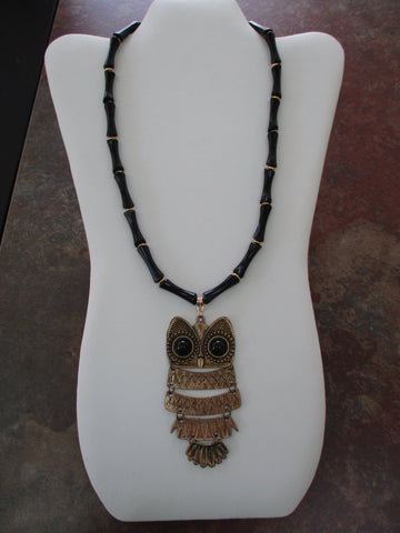 Black Acrylic Bamboo Beads, Gold Spacer Beads, Owl Pendant Necklace (N1530)