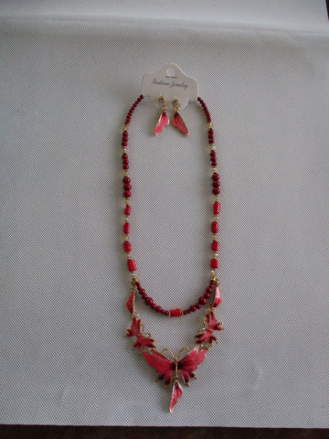 Red Glass Beads Red Bamboo Metal Butterfly Bib Necklace Earring Set (NE541)