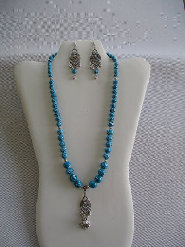 Silver Blue Glass Beads Silver Metal Tassel Pendant Earrings Set (NE546)