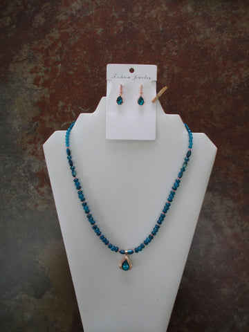 Aquamarine Glass Beads Tear Drop Pendant Necklace Earring Set (NE554)