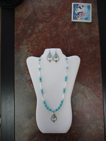 Turquoise Beads Silver Tube Beads Tear Drop Pendant Necklace Earring Set (NE555)