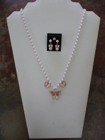 White Pearl Chain Pink Butterfly Charms Necklace Butterfly Earring Set (NE559)