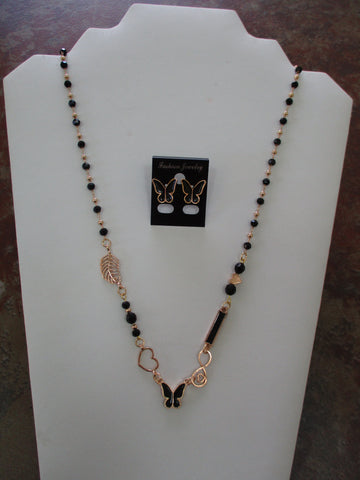 Gold Black Bead Chain. Gold Leaf, Gold Hearts, Black Butterfly Charms Necklace Earring Set (NE560)